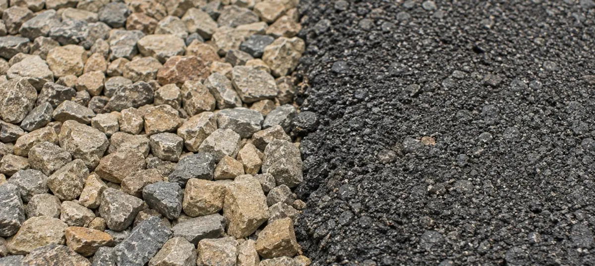 Close-up comparison of three-quarter-inch mountain gravel on the left and compacted recycled asphalt on the right