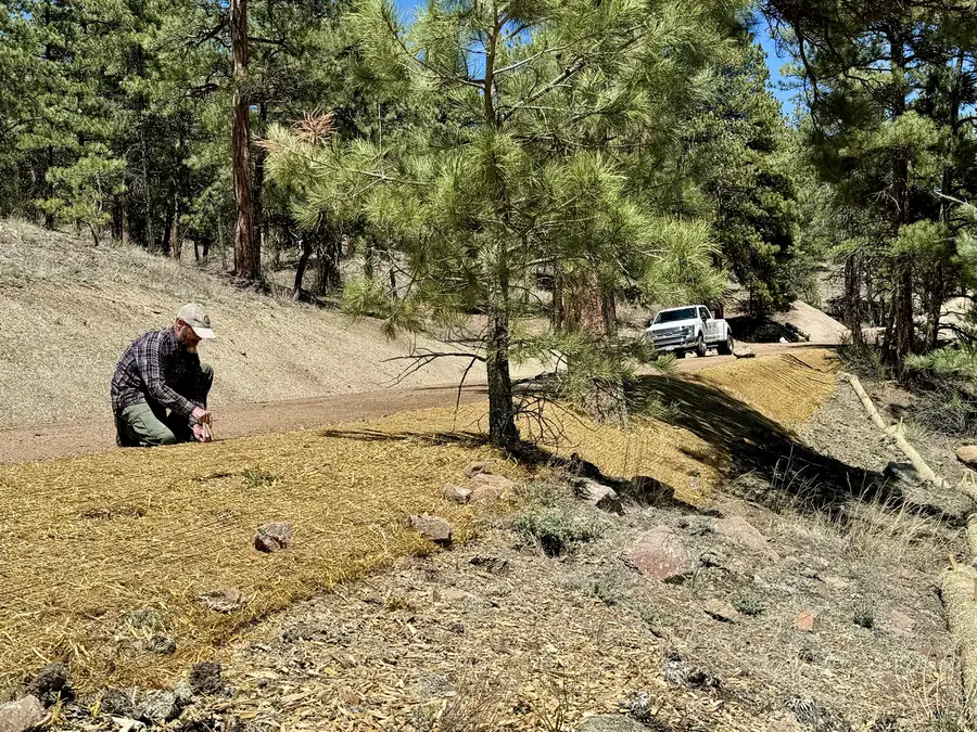 Worker kneeling to secure erosion control blanket on a mountain slope, with a white Ford Super Duty truck on the graded road behind in Conifer, Colorado